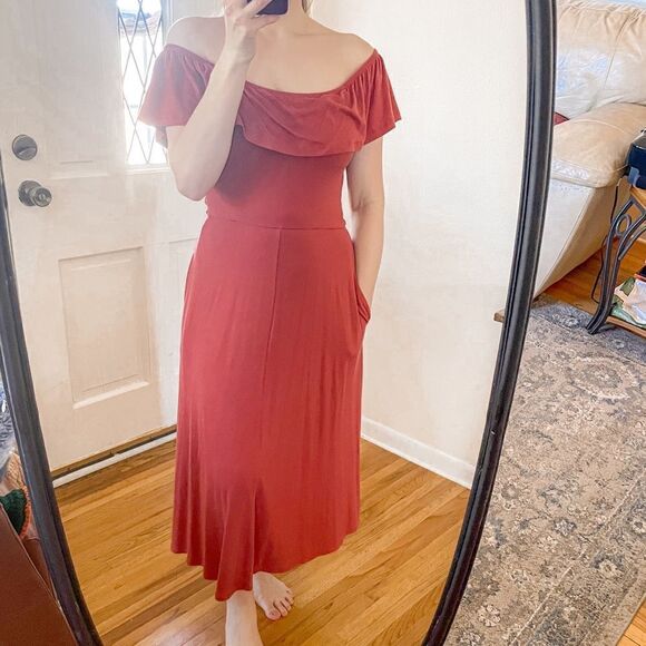 Reformation Off The Shoulder Midi Dress in Red Orange - Picture 8 of 8
